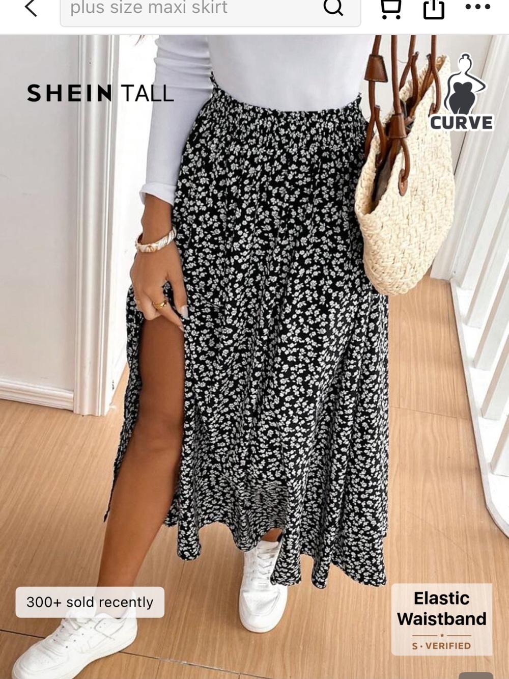 SHEIN Black & White Floral Maxi Skirt with Side Slit